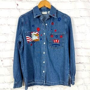 Vintage denim Blue Button Down Shirt long sleeve embroidered red white blue
